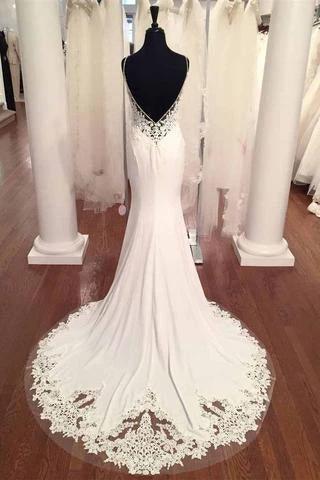 V-Neck Vintage Lace Mermaid Backless  Beach Wedding Dress WD199 - Image 3