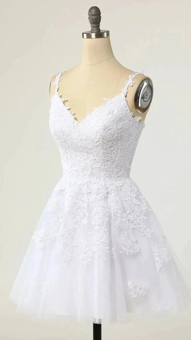 V Neck White Lace Short Homecoming Dresses White Lace Formal Graduation Dresses Y1873 - Image 2