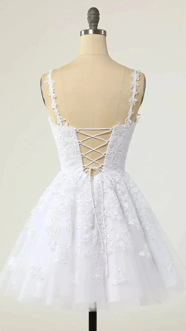 V Neck White Lace Short Homecoming Dresses White Lace Formal Graduation Dresses Y1873 - Image 3