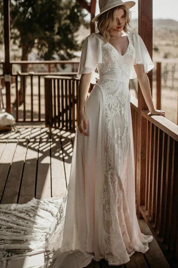 V Neckline Backless Lace Chiffon Bohemian Wedding Dress WD734 - Image 2