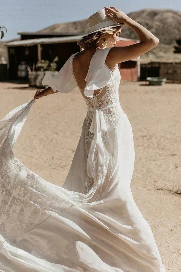 V Neckline Backless Lace Chiffon Bohemian Wedding Dress WD734 - Image 3