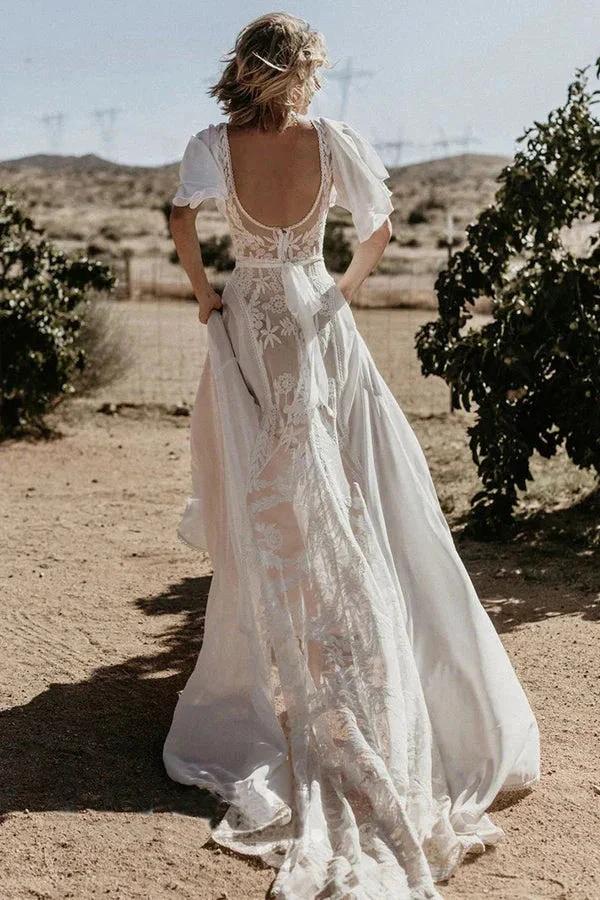 V Neckline Backless Lace Chiffon Bohemian Wedding Dress WD734 - Image 4