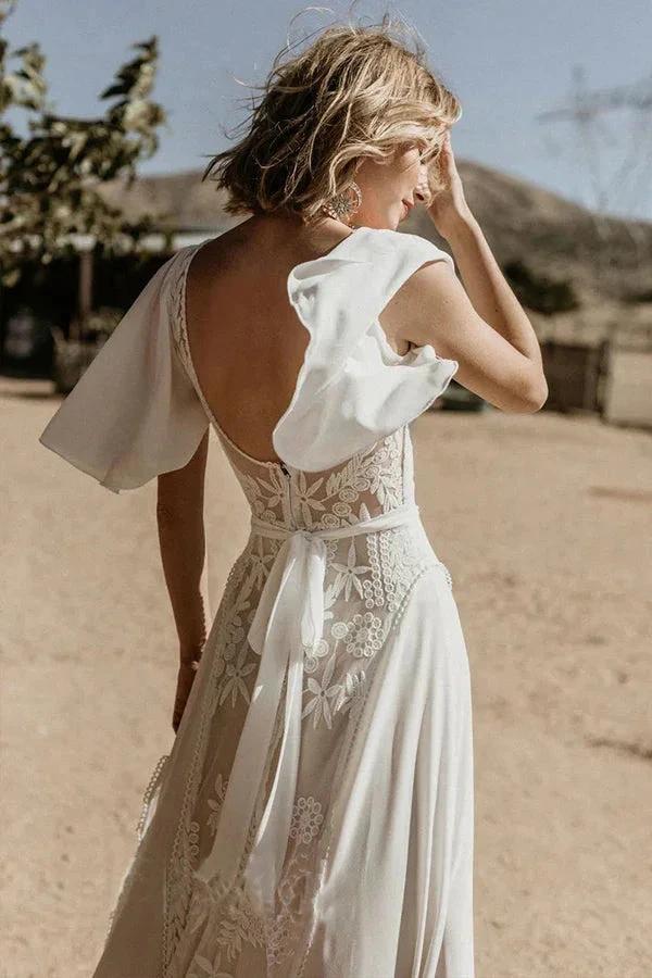 V Neckline Backless Lace Chiffon Bohemian Wedding Dress WD734 - Image 5