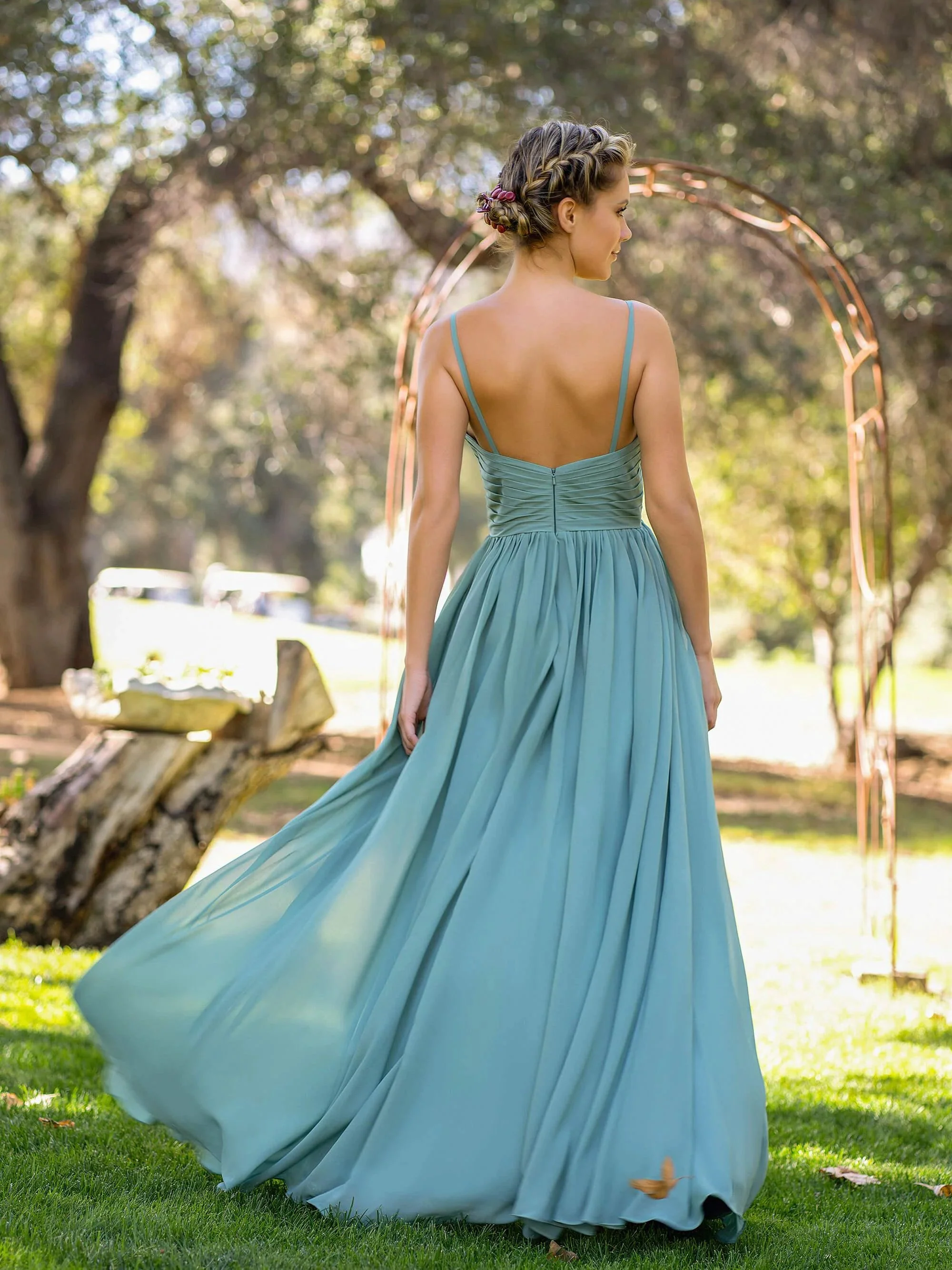 V-neckline Spaghetti Straps Slit Front Floor Length Chiffon Dress - Image 2