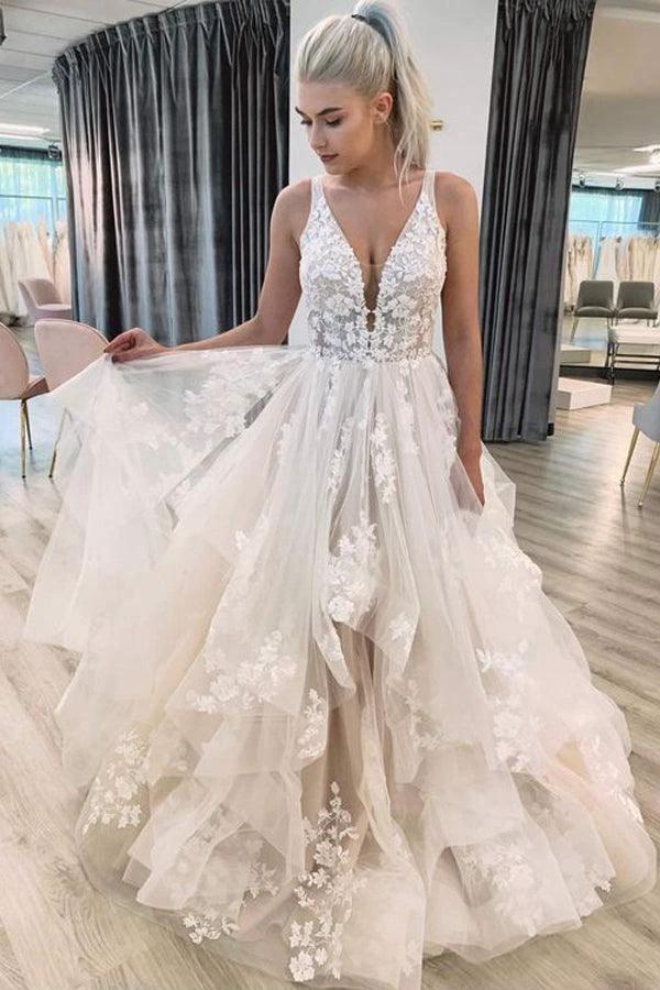 V Neckline Tired Tulle A-line Lace Wedding Dress Floor Length  WD608 - Image 2