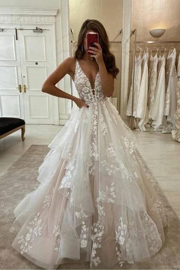 V Neckline Tired Tulle A-line Lace Wedding Dress Floor Length  WD608 - Image 4