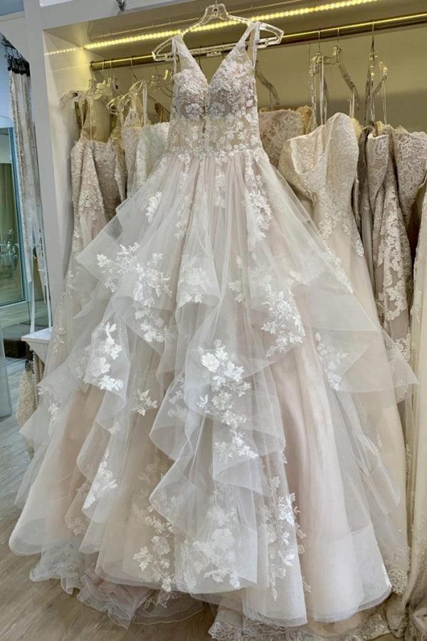 V Neckline Tired Tulle A-line Lace Wedding Dress Floor Length  WD608 - Image 5