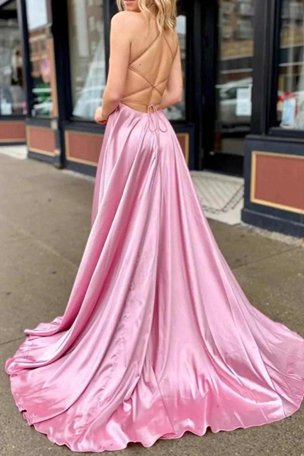 Valeria | Pink V Neck Satin Backless A Line Prom Dress With Pockets - Image 2