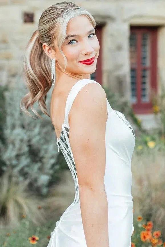 Valeria | White One Shoulder Square Neck Mirror-Cut Sequins Prom Dress With Slit - Image 2