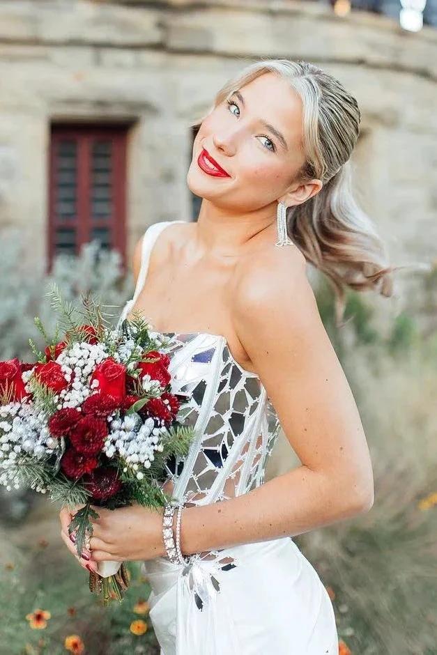 Valeria | White One Shoulder Square Neck Mirror-Cut Sequins Prom Dress With Slit - Image 3