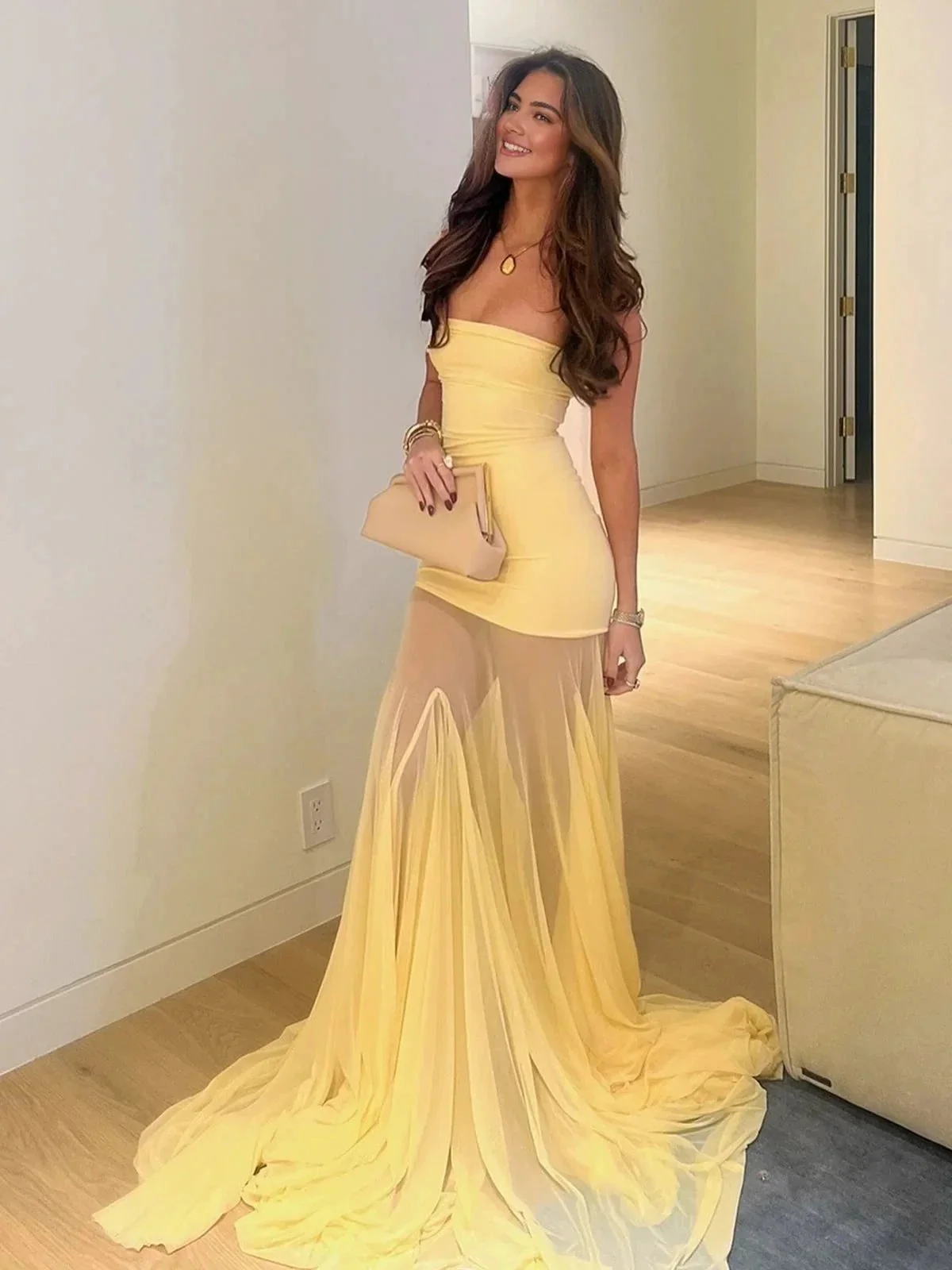 Valeska | Yellow Strapless Chiffon Mermaid Long Prom Dresses - Image 2