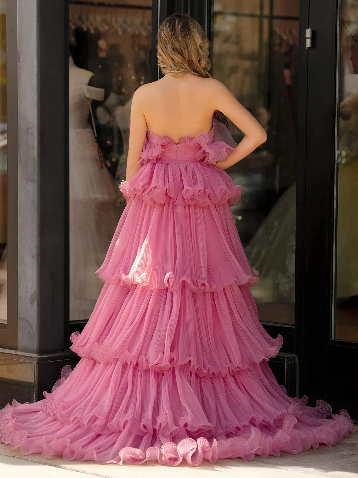 Vanessa |Pink Strapless A-Line Tiered Crinkled Tulle Prom Dress - Image 2