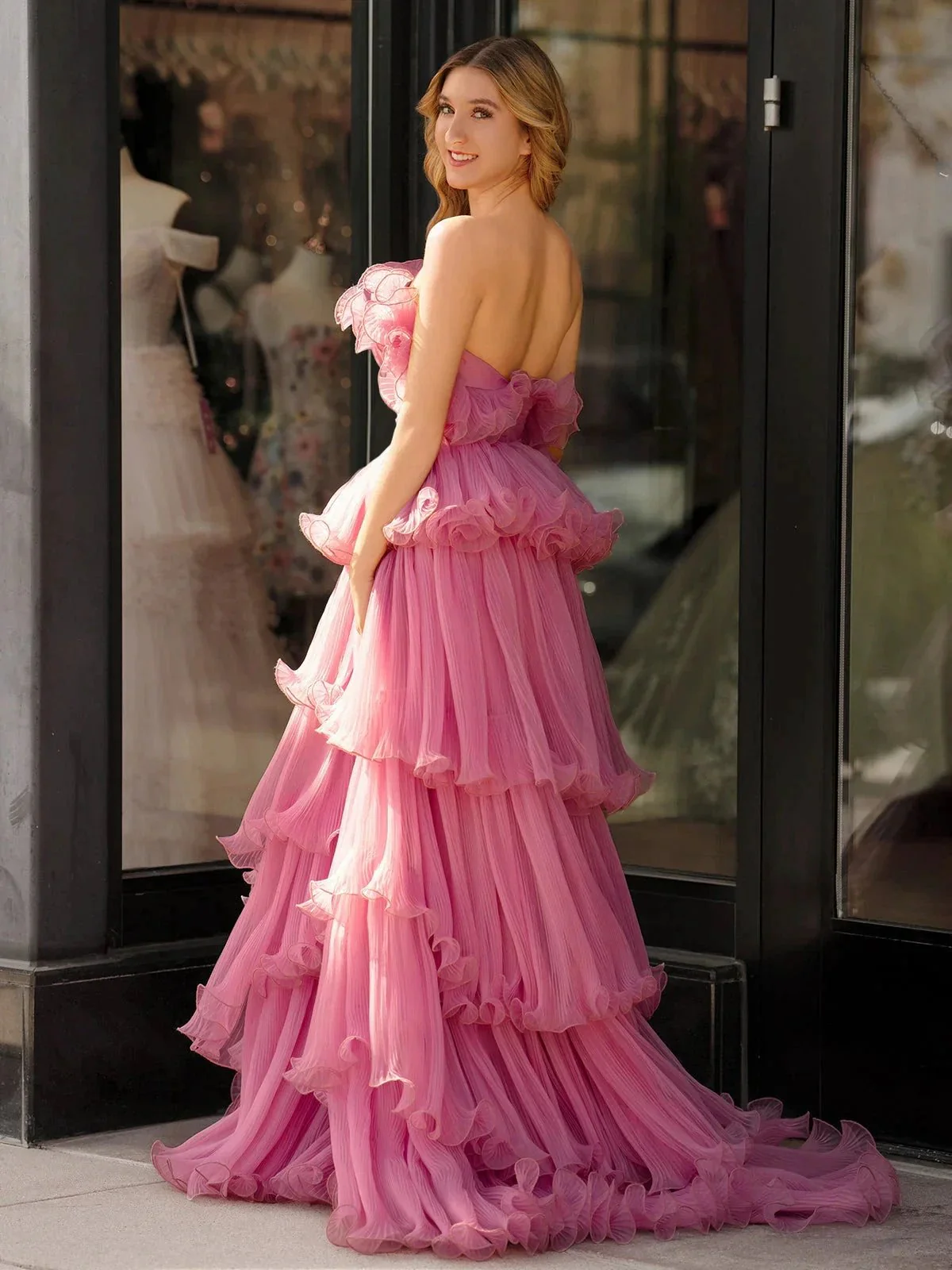 Vanessa |Pink Strapless A-Line Tiered Crinkled Tulle Prom Dress - Image 3