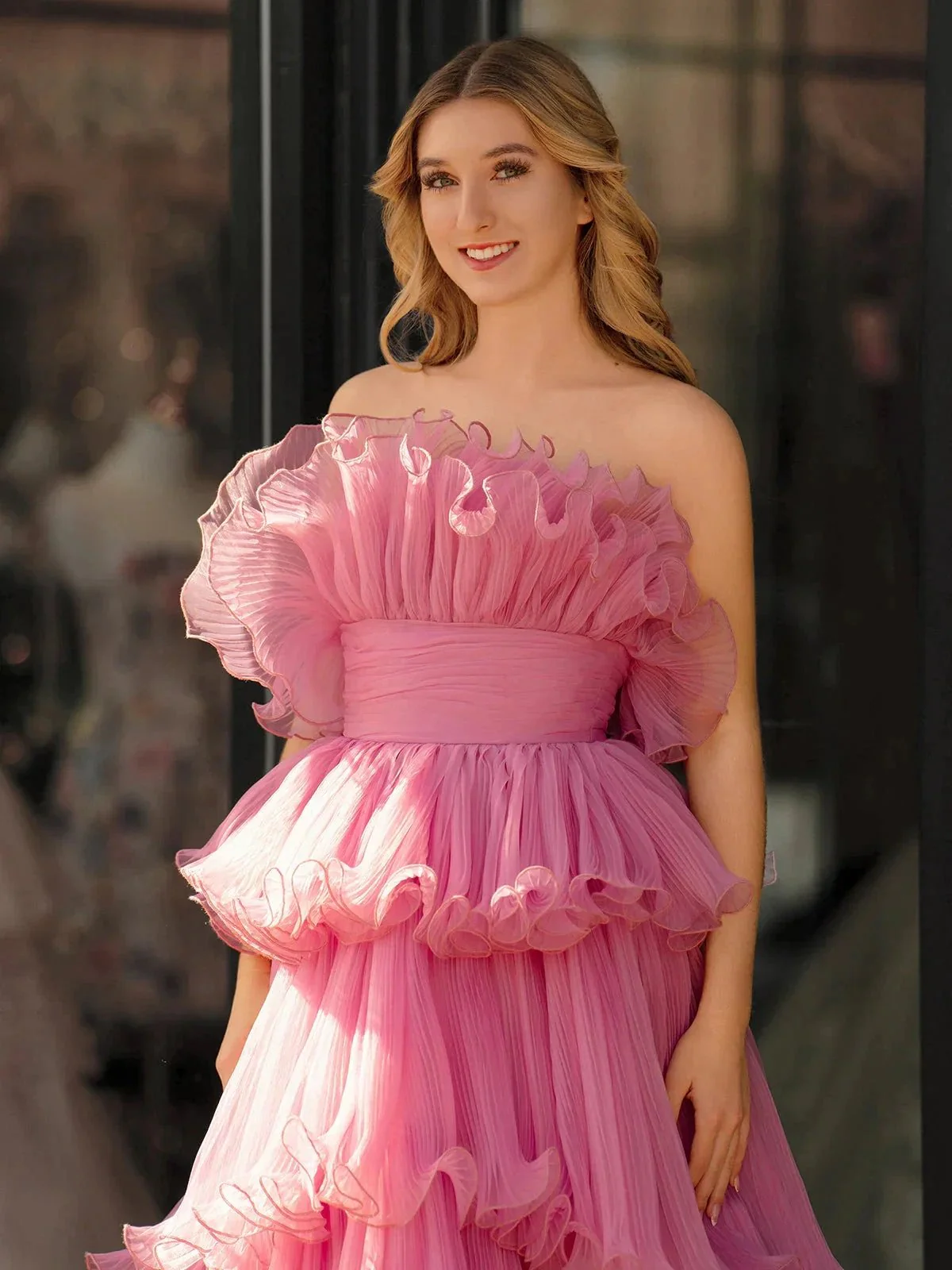 Vanessa |Pink Strapless A-Line Tiered Crinkled Tulle Prom Dress - Image 4