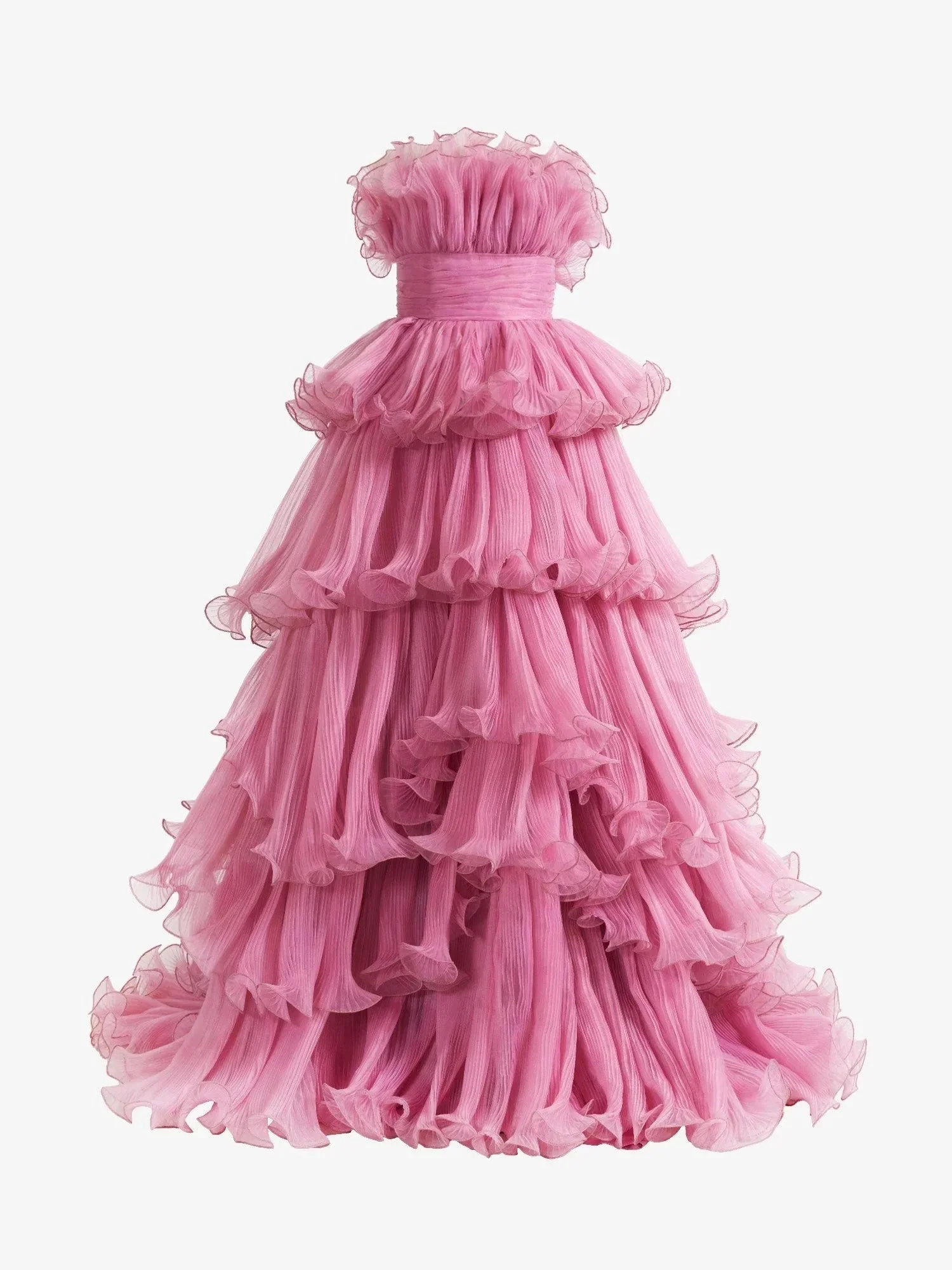 Vanessa |Pink Strapless A-Line Tiered Crinkled Tulle Prom Dress - Image 6