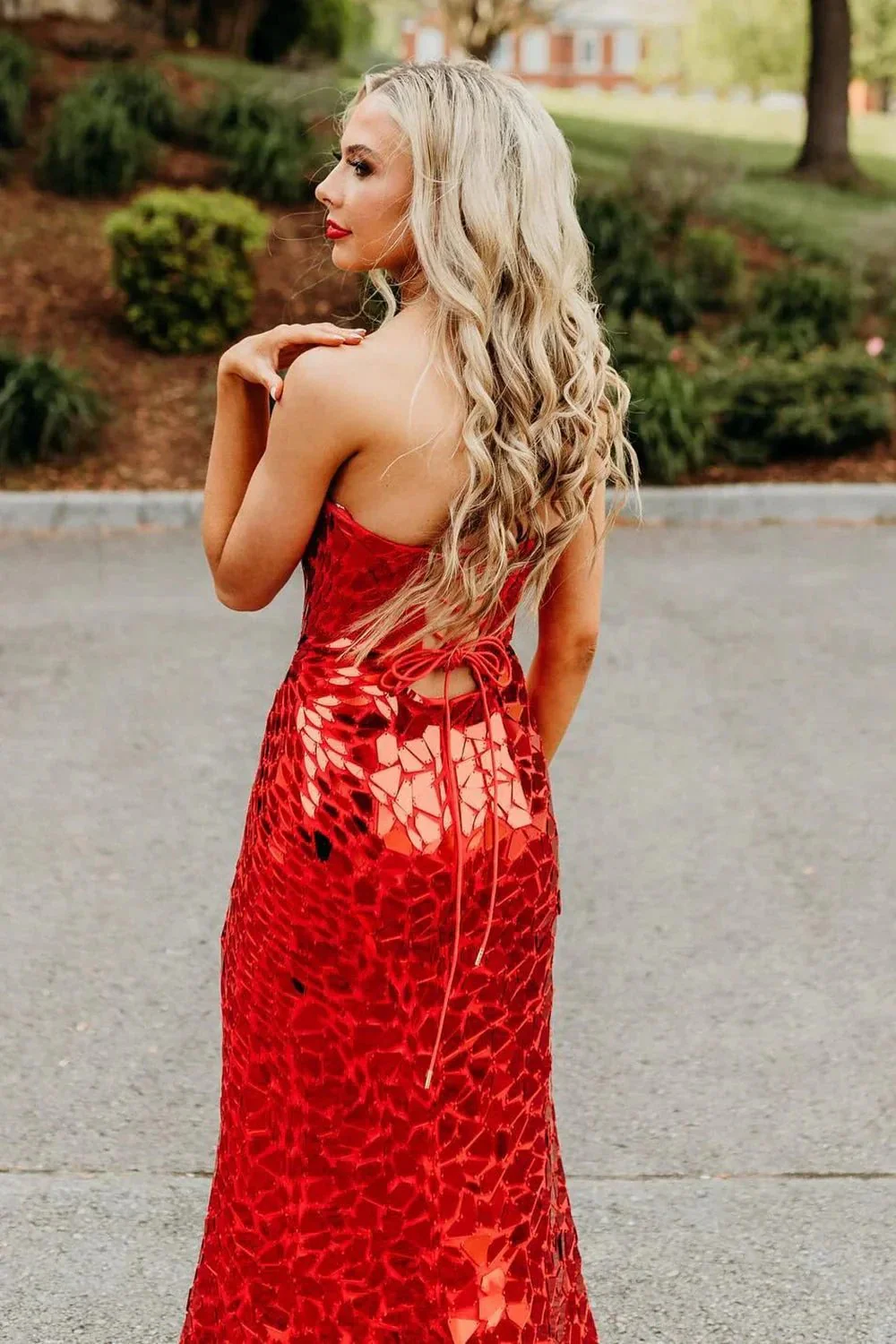 Veilance | Red Strapless Mermaid Sequins Long Prom Dresses With Split - Image 2