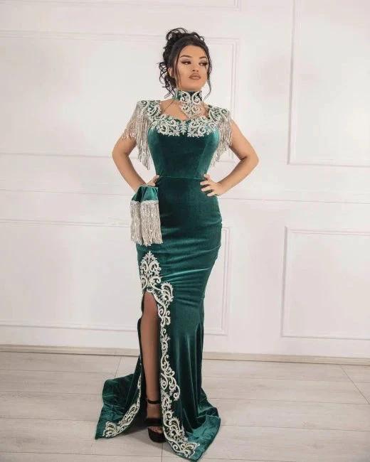 Velvet Dark Green Long Split Mermaid Prom Dresses - Image 2