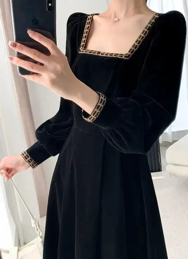 Velvet Dress Women Long Sleeve Square Neck Elegant Bodycon Patchwork Fashion Evening Dress Y6744 - Image 2