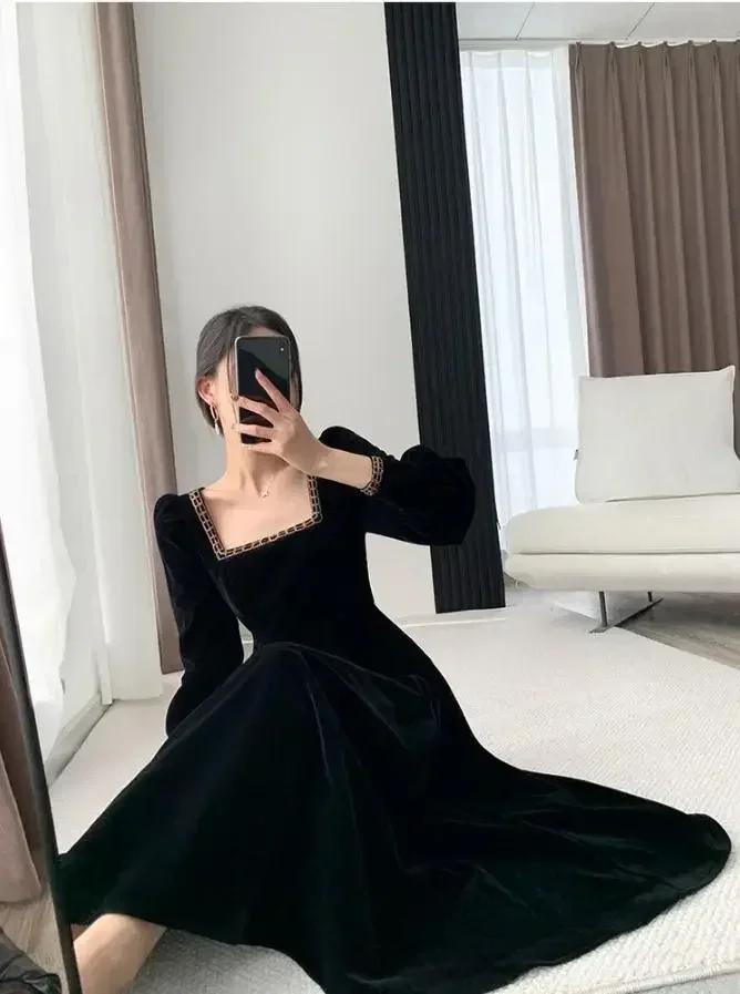 Velvet Dress Women Long Sleeve Square Neck Elegant Bodycon Patchwork Fashion Evening Dress Y6744 - Image 3