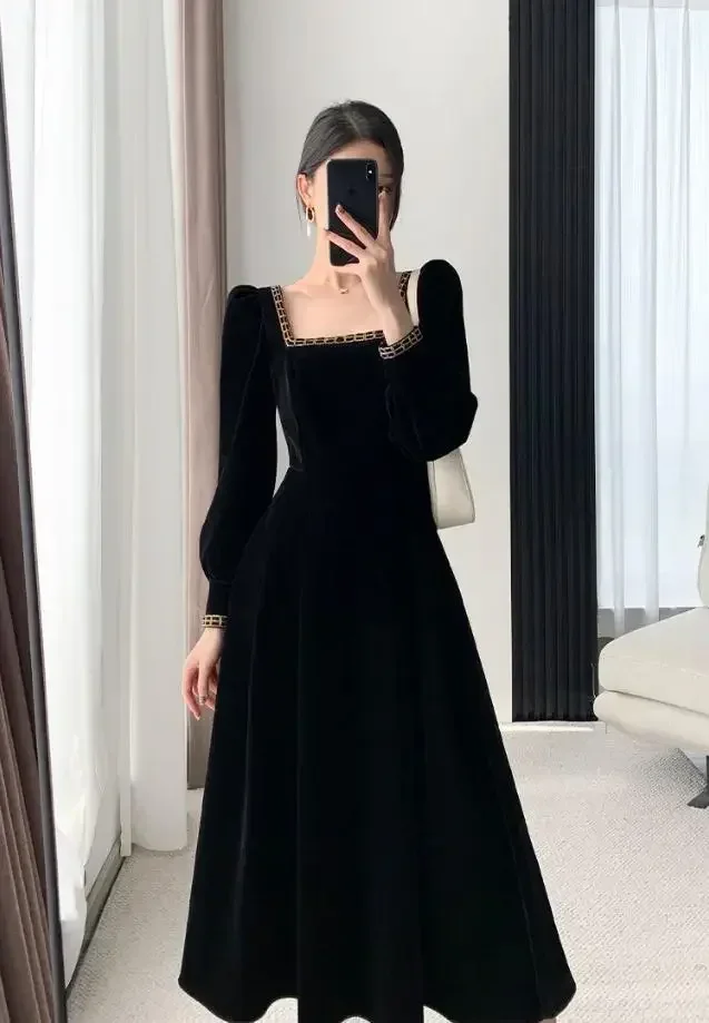 Velvet Dress Women Long Sleeve Square Neck Elegant Bodycon Patchwork Fashion Evening Dress Y6744 - Image 4