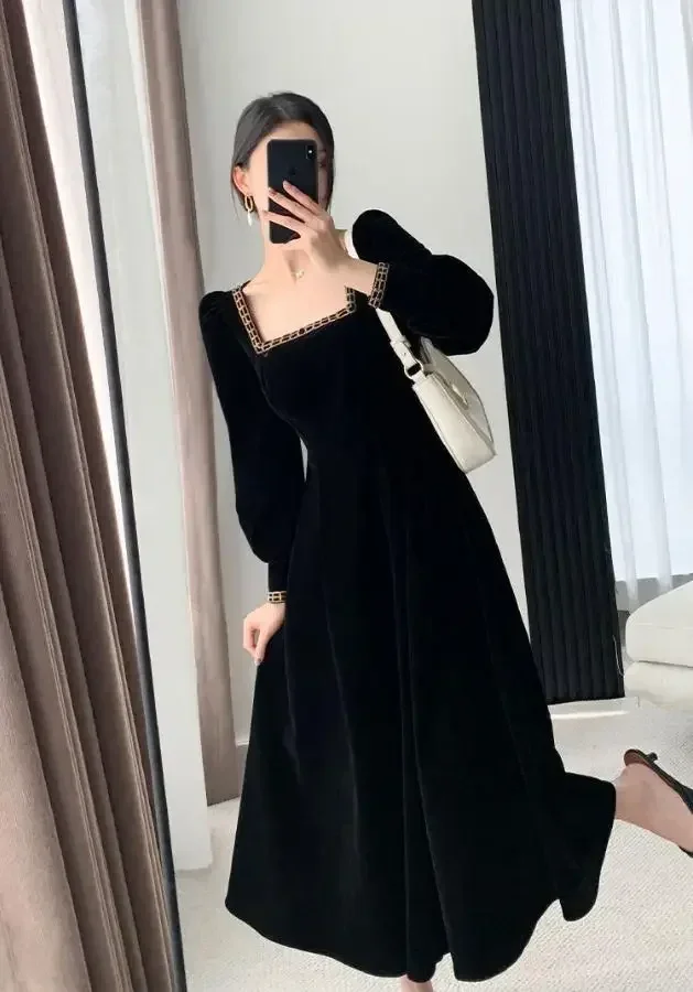 Velvet Dress Women Long Sleeve Square Neck Elegant Bodycon Patchwork Fashion Evening Dress Y6744 - Image 5