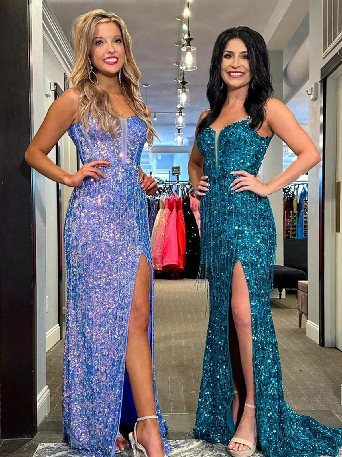 Velvetia | Sparkly Sheath V Neck Sequins Long Prom Dresses With Split - Image 4