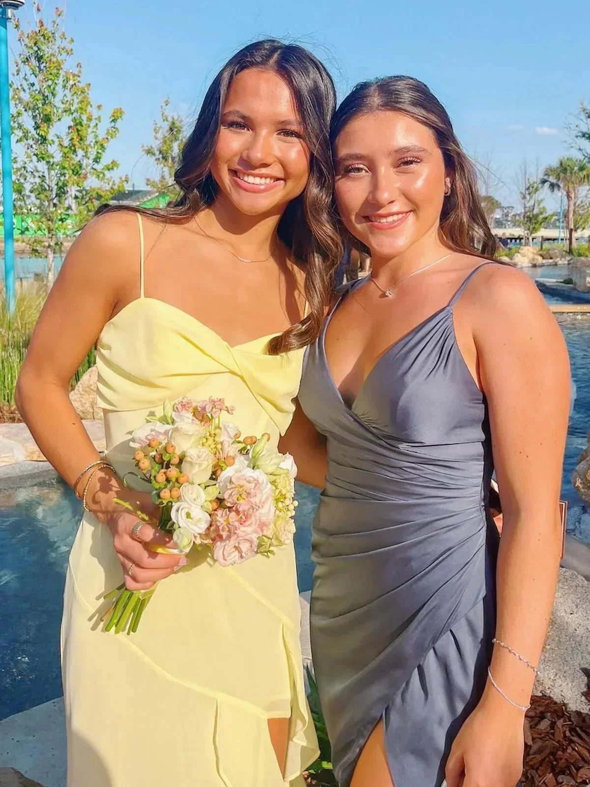 Venicia | V-Neck Yellow Chiffon Ruffles Long Prom Dresses with Slit - Image 2