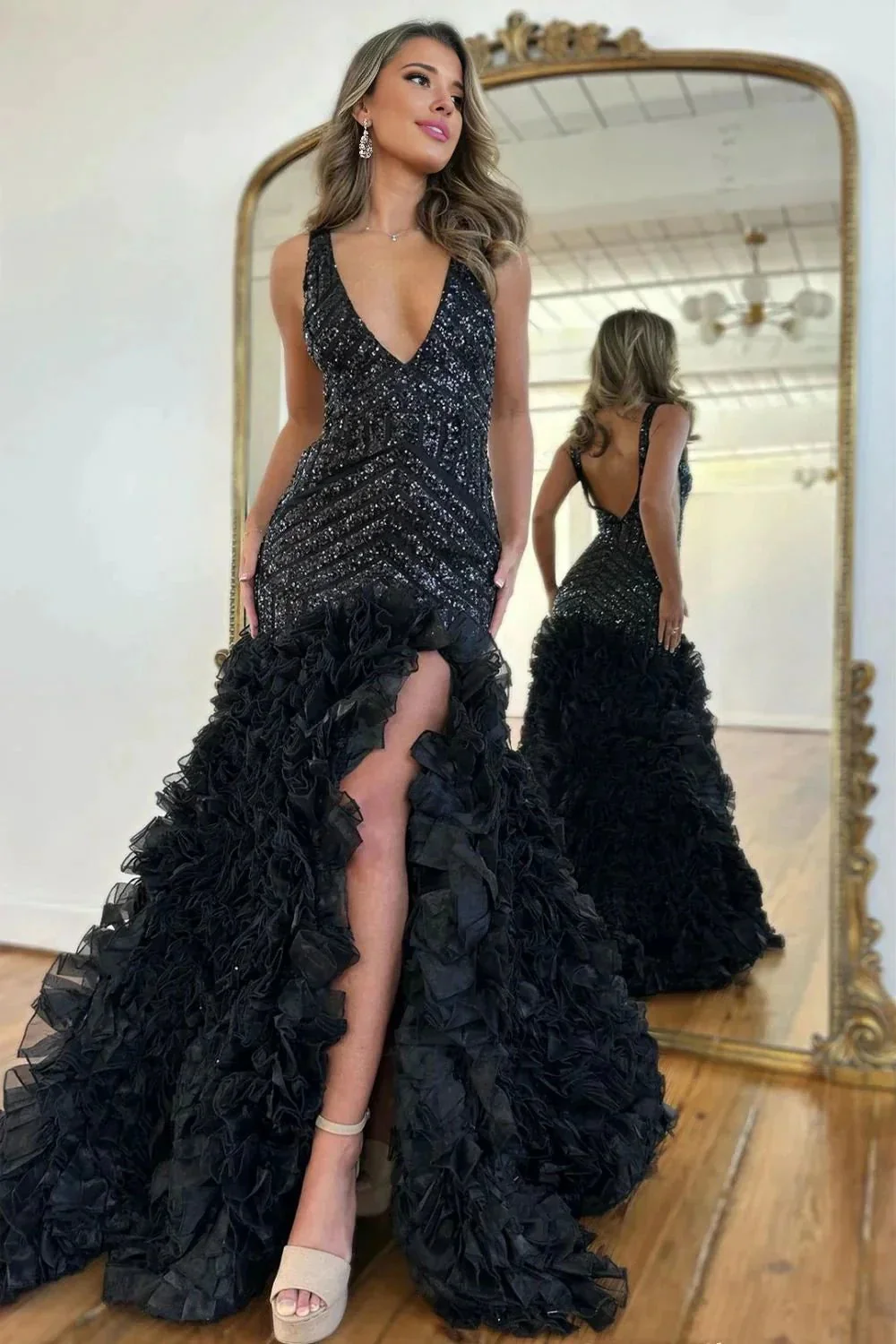 Vevina | Black Mermaid V-Neck Long Sequin Prom Dress With Ruffles - Image 2