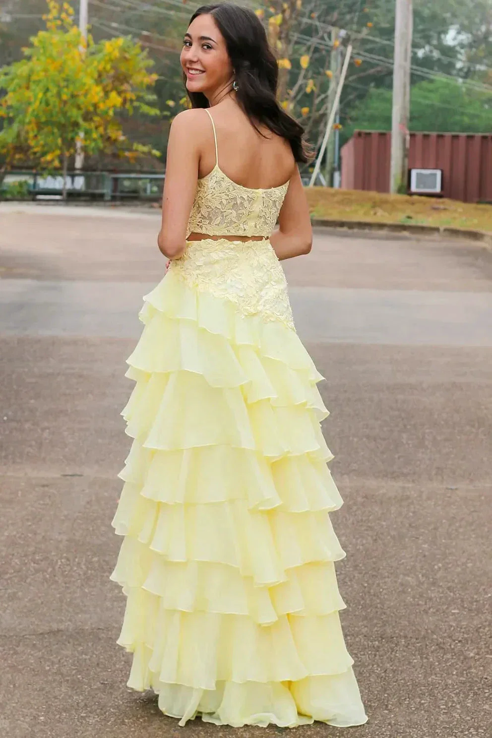 Victorie | Spaghetti Straps Appliques A-Line Layered Chiffon Prom Dress with Slit - Image 2