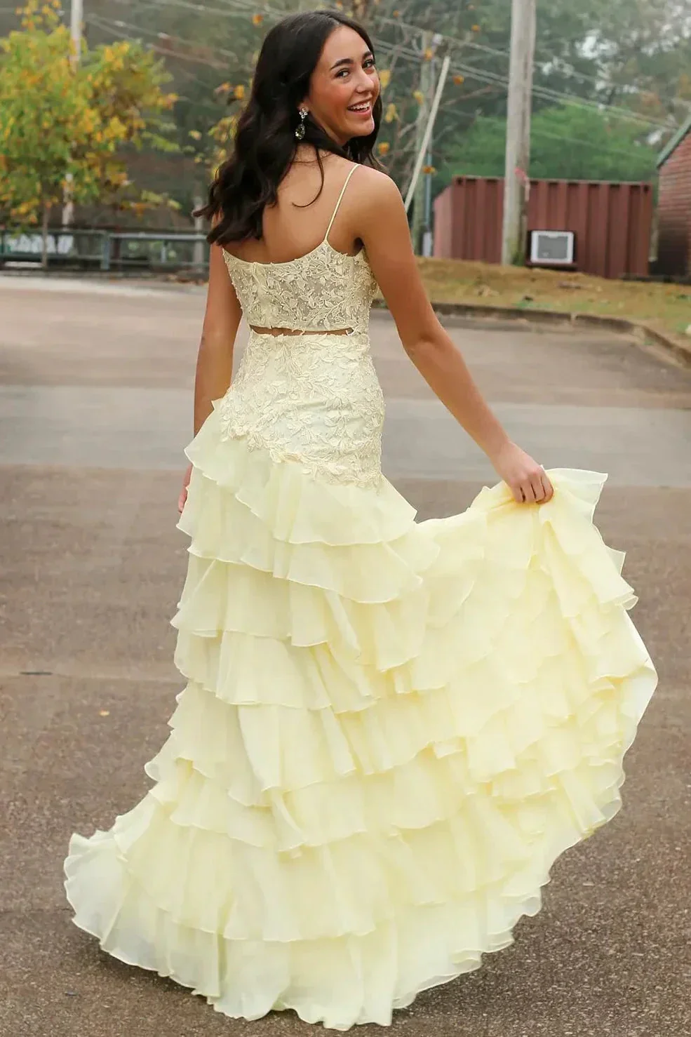 Victorie | Spaghetti Straps Appliques A-Line Layered Chiffon Prom Dress with Slit - Image 3