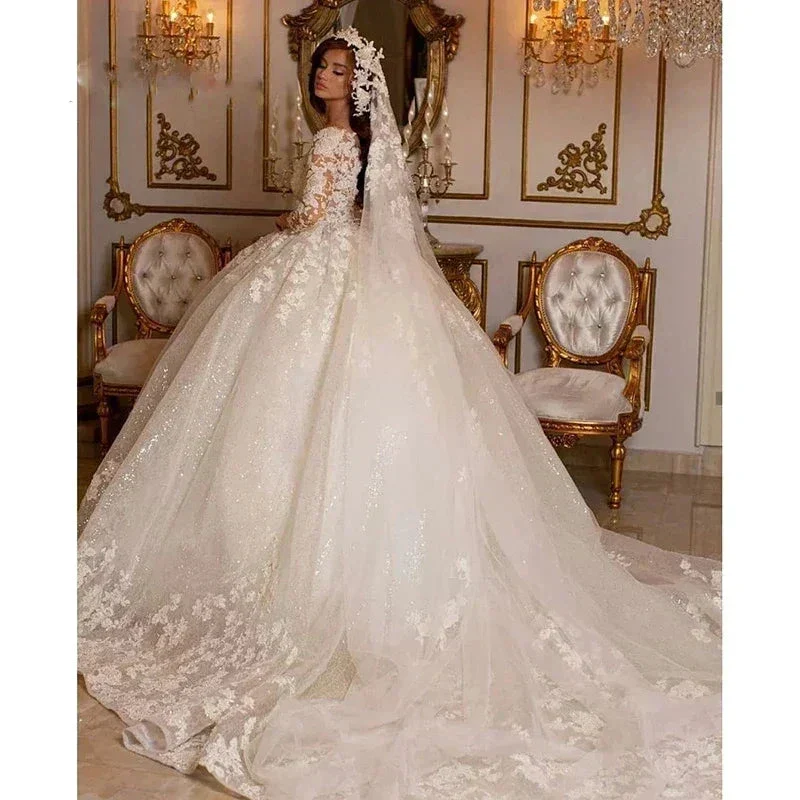Vintage 2023 Lace Wedding Dresses Princess Ball Gown Beading Bridal Gowns Shinny Tulle Long Sleeves Ivory Dubai Marriage Dress - Image 2
