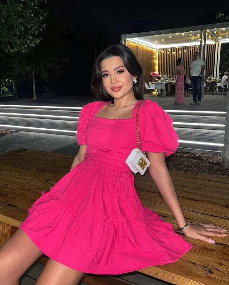 Vintage A-line Hot Pink Homecoming Dress with Puff Sleeves Y2680 - Image 2