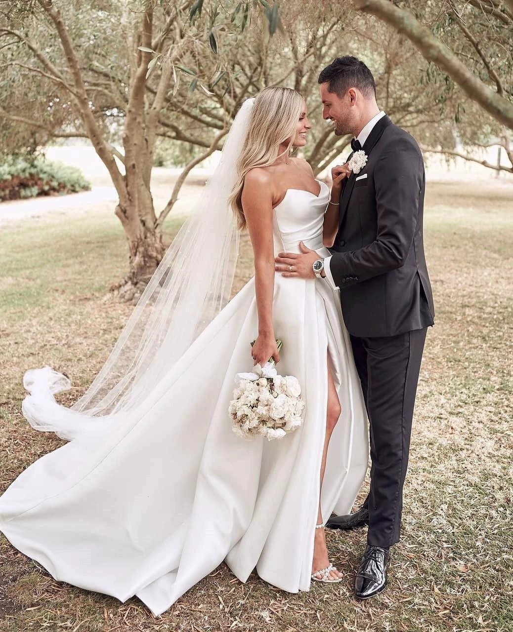 Vintage A Line Ivory Satin Beach Wedding Dress With Side Slit WD643 - Image 5