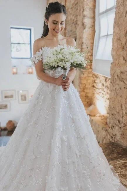 Vintage A-Line Lace Off-The-Shoulder Sleeveless White Wedding Dresses With Appliques - Image 3