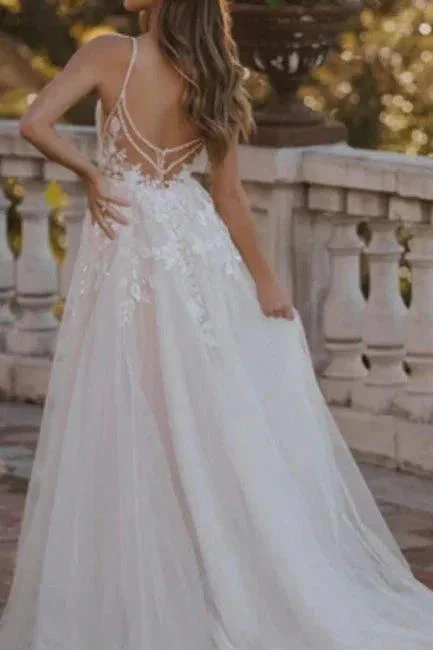Vintage A-Line Lace Sweetheart Sleeveless White Wedding Dresses With Appliques - Image 2