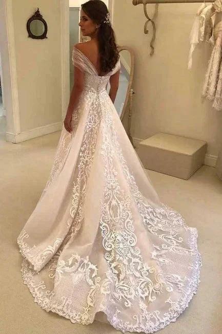 Vintage A-Line Off-the-shoulder Sweep Trian Wedding Dress With Lace - Image 2