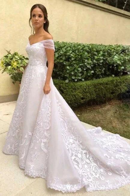 Vintage A-Line Off-the-shoulder Sweep Trian Wedding Dress With Lace - Image 3