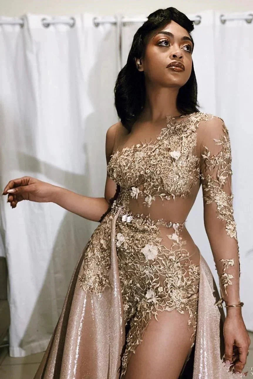 Vintage A-line One Shoulder Lace Appliqued Long Prom Dresses With Over Skirt - Image 2