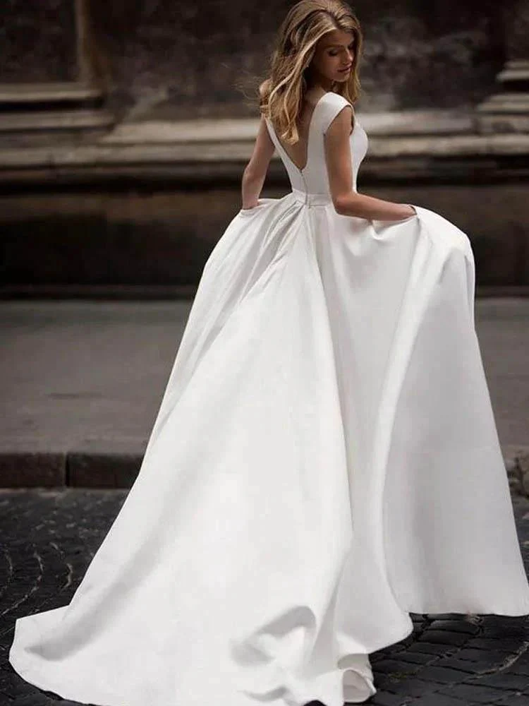 Vintage A-line Princess Ivory Satin Long Wedding Dresses with Pockets   WD328 - Image 2