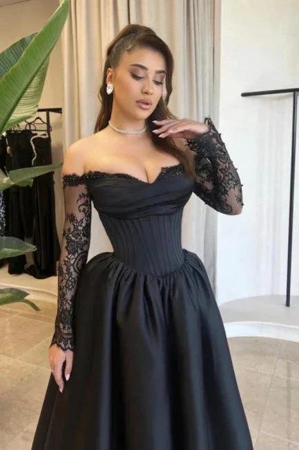 Vintage A-Line Satin Sweetheart Long Sleeve Black Prom Dresses With Appliques - Image 2