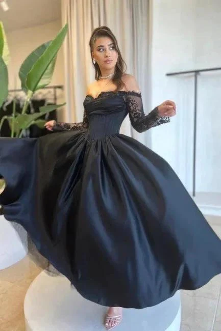 Vintage A-Line Satin Sweetheart Long Sleeve Black Prom Dresses With Appliques - Image 4