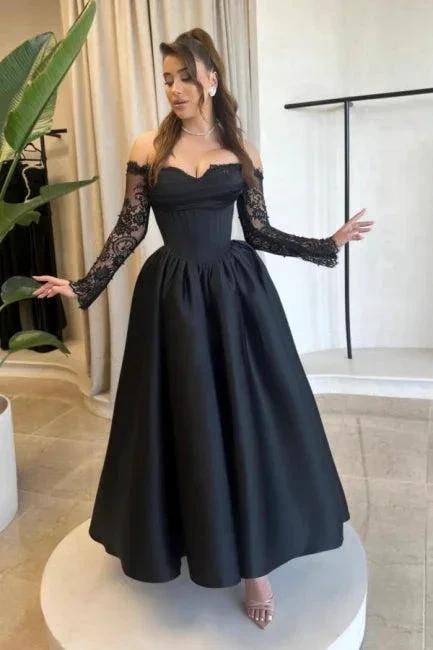 Vintage A-Line Satin Sweetheart Long Sleeve Black Prom Dresses With Appliques - Image 5