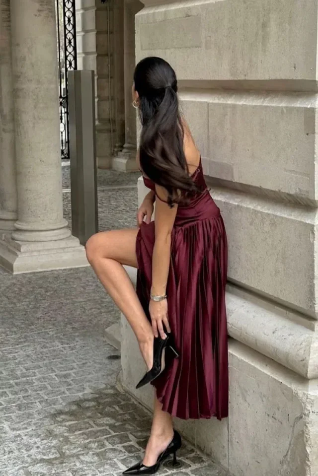 Vintage A Line Straps Burgundy Satin Long Prom Dress Evening Dress Y7994 - Image 10