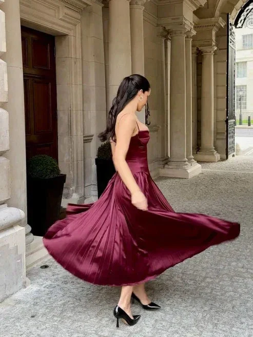 Vintage A Line Straps Burgundy Satin Long Prom Dress Evening Dress Y7994 - Image 9