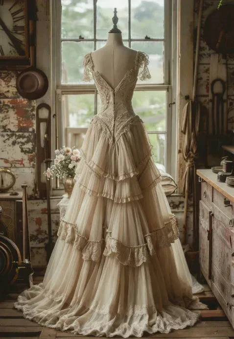 Vintage A Line Chiffon Lace Evening Dress Elegant Wedding Dress Y7720 - Image 2