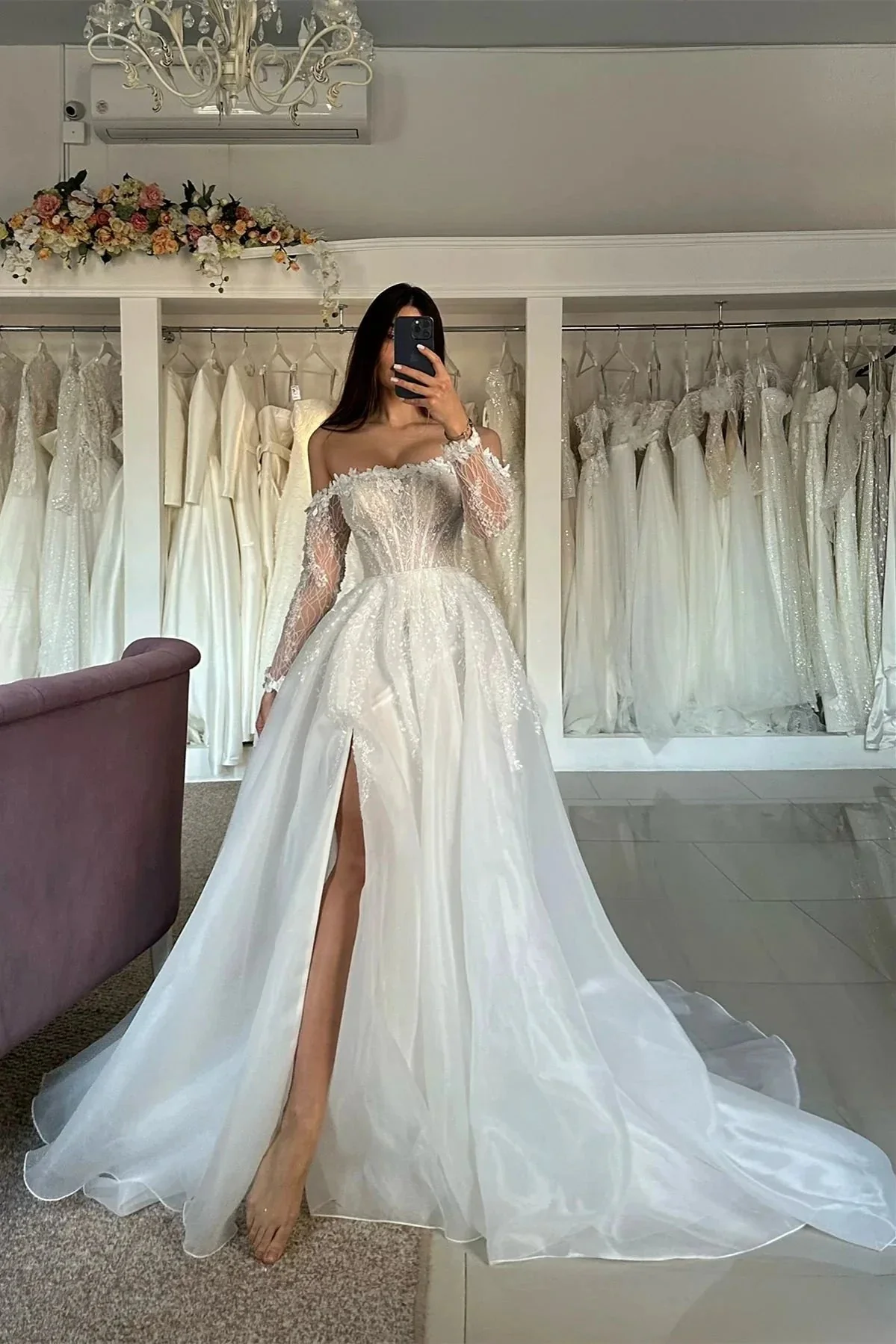 Vintage A-Line Tulle Lace Strapless Long Sleeve White Wedding Dresses With Split Front - Image 3