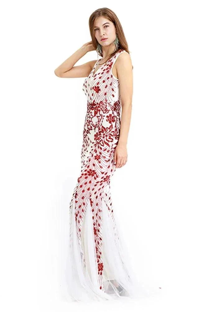 Vintage Beadings Mermaid Evening Gowns V-Neck Floor Length Prom Dress - Image 3