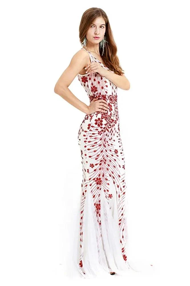 Vintage Beadings Mermaid Evening Gowns V-Neck Floor Length Prom Dress - Image 4