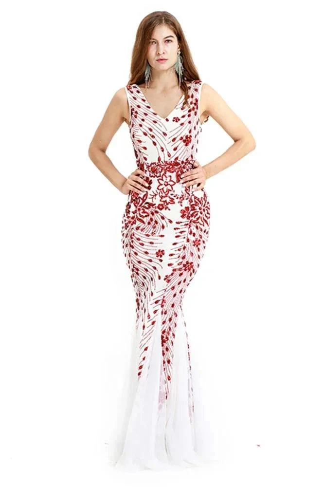 Vintage Beadings Mermaid Evening Gowns V-Neck Floor Length Prom Dress - Image 6