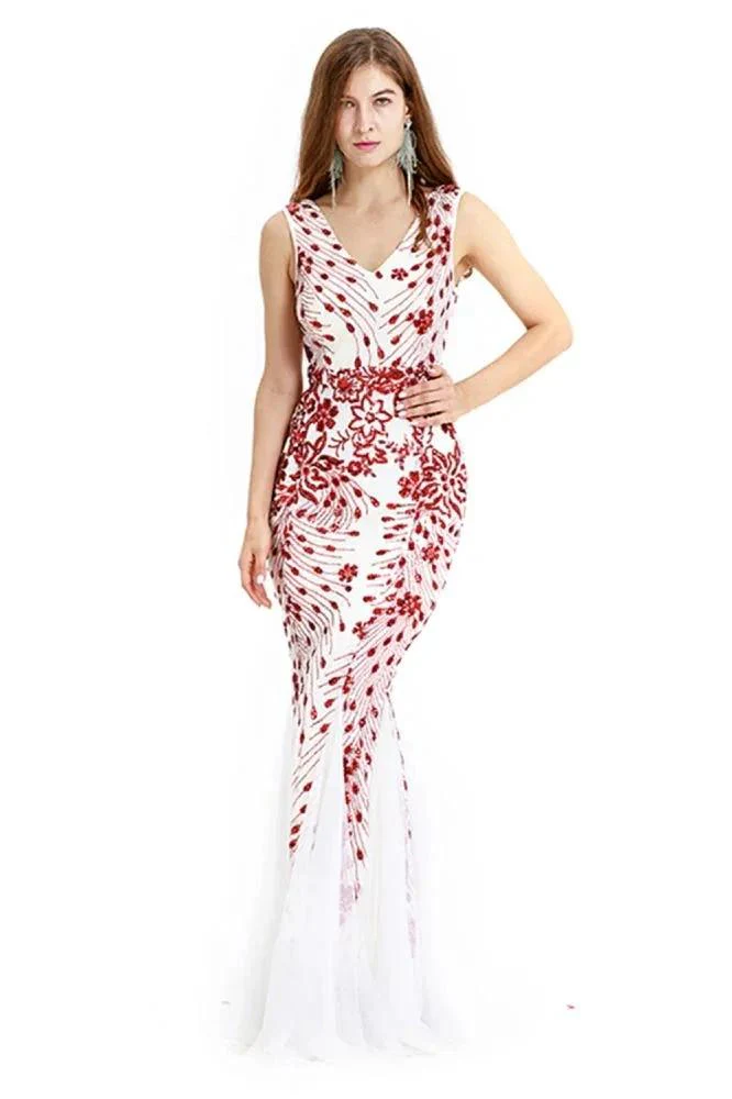 Vintage Beadings Mermaid Evening Gowns V-Neck Floor Length Prom Dress - Image 7